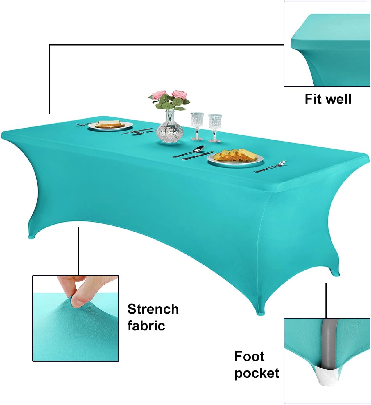FORLIFE Spandex Table Covers，Fitted Tablecloth for Rectangular Tables, Stretch Patio Table Covers, Universal Spandex Table Cover for Wedding, Banquet, Party (8ft, Turquoise)