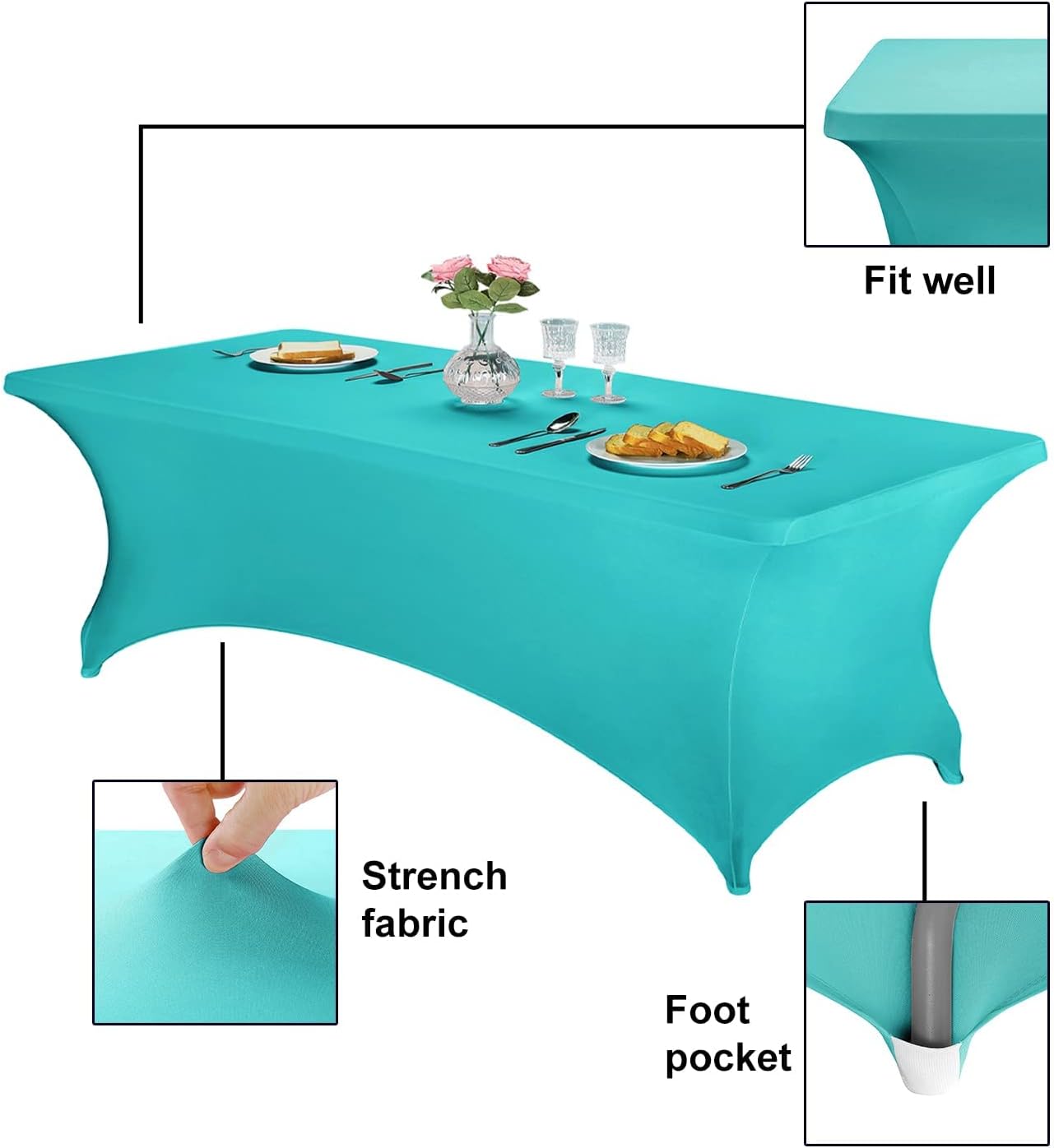 FORLIFE 2Pack Spandex Table Covers，Fitted Tablecloth for Rectangular Tables, Stretch Patio Table Covers, Universal Spandex Table Cover for Wedding, Banquet, Party (8ft, Turquoise)