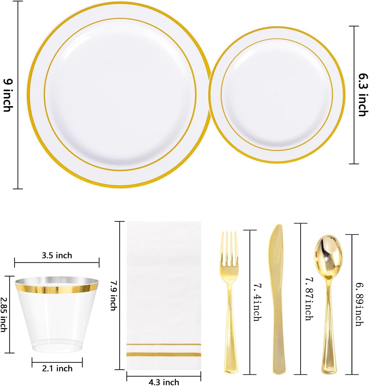 GATHER 350PCS White and Gold Plastic Plates - Disposable Plastic Dinnerware Set Include 50 Dinner Plates, 50 Dessert Plate, 150 Silverware, 50 Napkins, 50 Cups for Party & Wedding & Thanksgiving