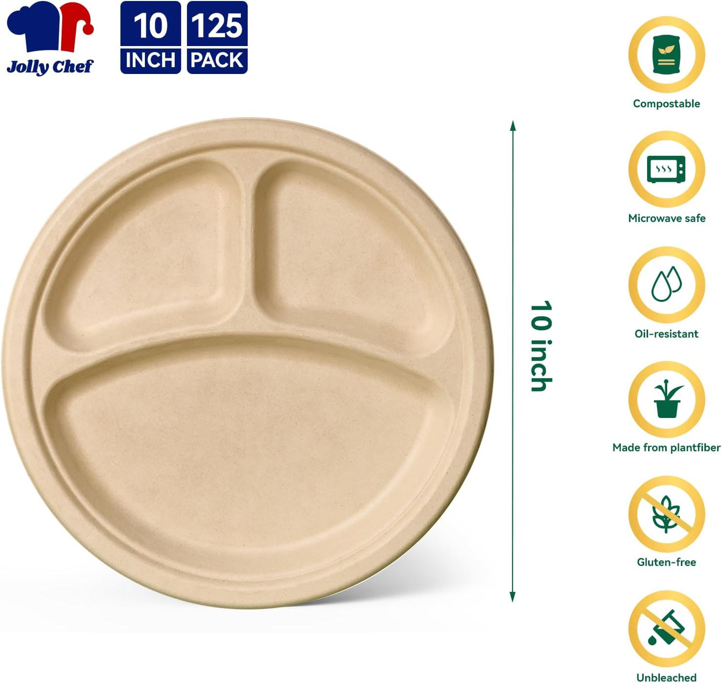 JOLLY CHEF Compostable 𝟯 Compartment Paper Plates 𝟭𝟬 𝗜𝗻𝗰𝗵 [𝟭𝟮𝟱 𝗣𝗮𝗰𝗸] Heavy Duty Divided Disposable Eco-Friendly Bagasse Biodegradable Round Trays for Party Dinner Thanksgiving Day(Brown)