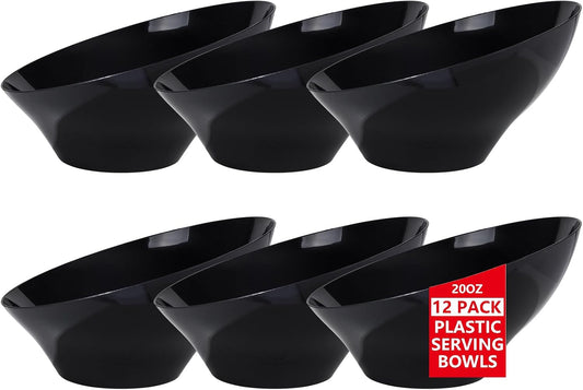 bUCLA 12 Pack Black Plastic Serving Bowls - 20 OZ Angled Bowls Disposable for Chip,Candy,Salad and Fruit - Ideal for Wedding, Party & New Year