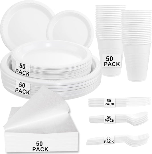 MirthMood 350PCS White Disposable Plates, Round Solid Color Disposable Plates for Party, including 50 Dinner Plates,50 Dessert Plates,50 White Silverware,50 Napkins and 50 16OZ Cups