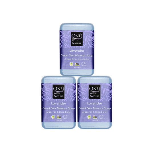 One With Nature Dead Sea Salt Lavender Soap 4oz 3-Pack – Soothing and Exfoliating Soap Bar with Dead Sea Minerals for Face & Body, for Men & Women