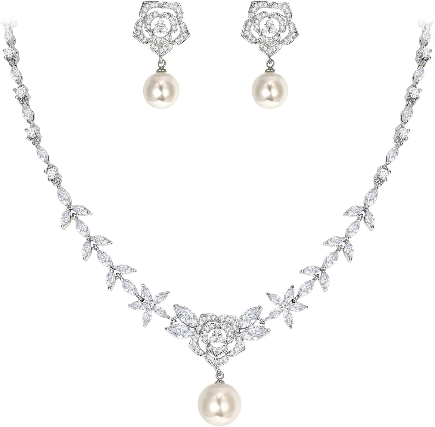 EleQueen Women's Simulated Pearl Wedding Jewelry Set, Cubic Zirconia Marquise Floral Bridal Necklace Earrings Bracelet Sets