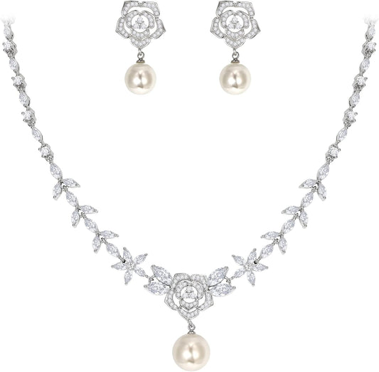 EleQueen Women's Simulated Pearl Wedding Jewelry Set, Cubic Zirconia Marquise Floral Bridal Necklace Earrings Bracelet Sets