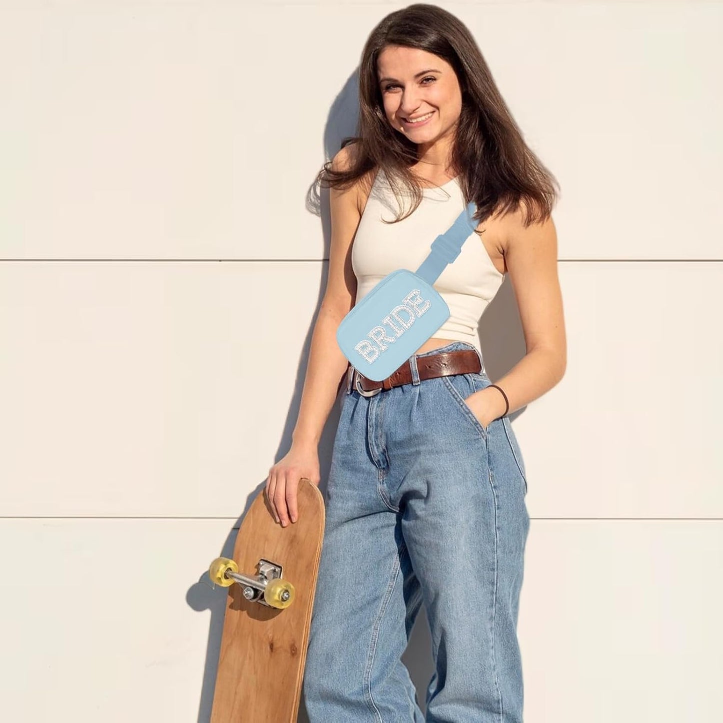 Lamyba Bride to be Gifts, Bridal Shower Gifts, Pearl Patch Bride Fanny Pack for Bachelorette Party Wedding day, Adjustable Strap Waterproof Mrs Crossbody Bag, Blue