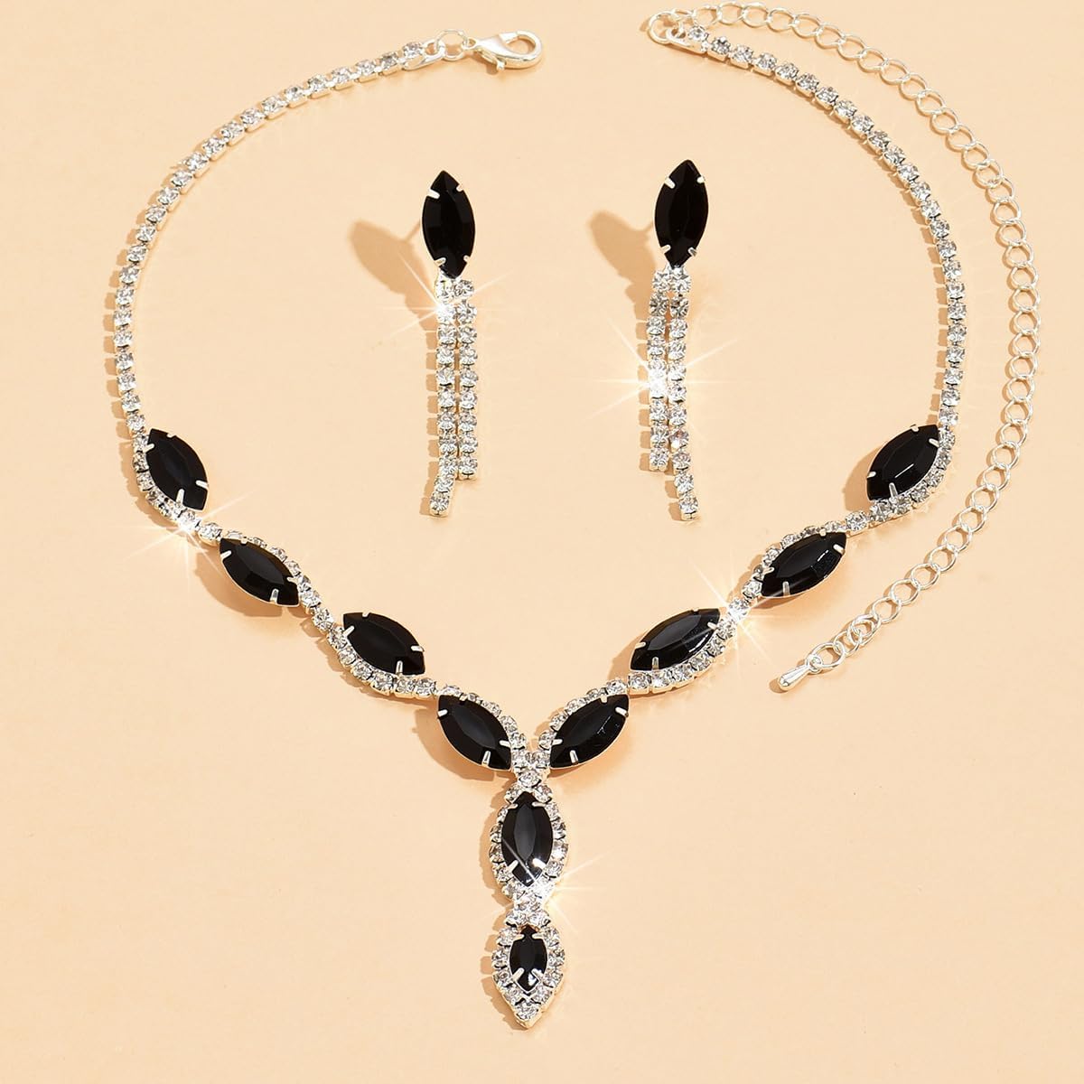Silver Rhinestone Prom Jewelry Set for Women,Black Glitter Crystal Chain Choker Necklace Cz Drop Earring for Wedding Bridal,Formal Costume Accessories