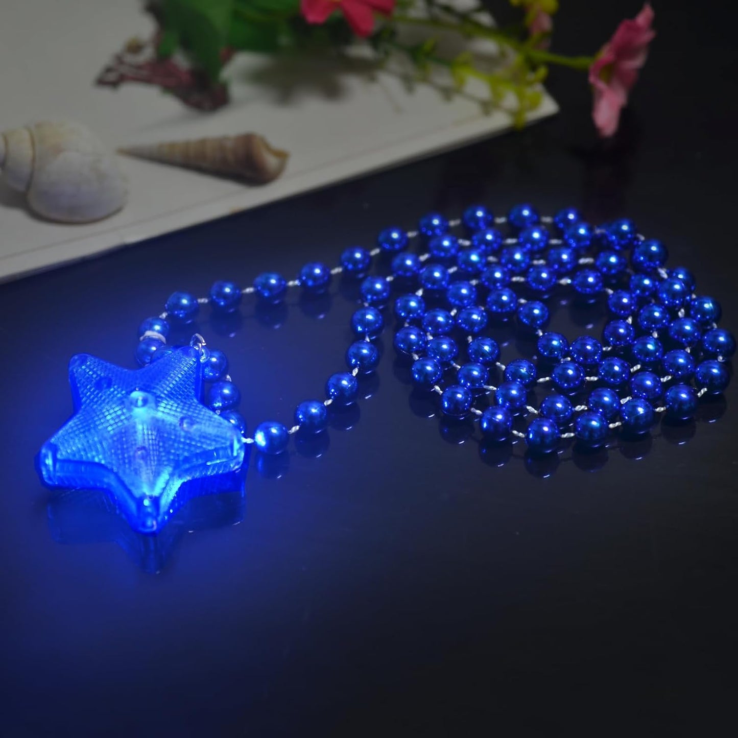 6 Pack Glow Blue Necklace Beaded Necklaces with Light Up Star for Christmas July 4th Decorations Mardi Gras Party Favors