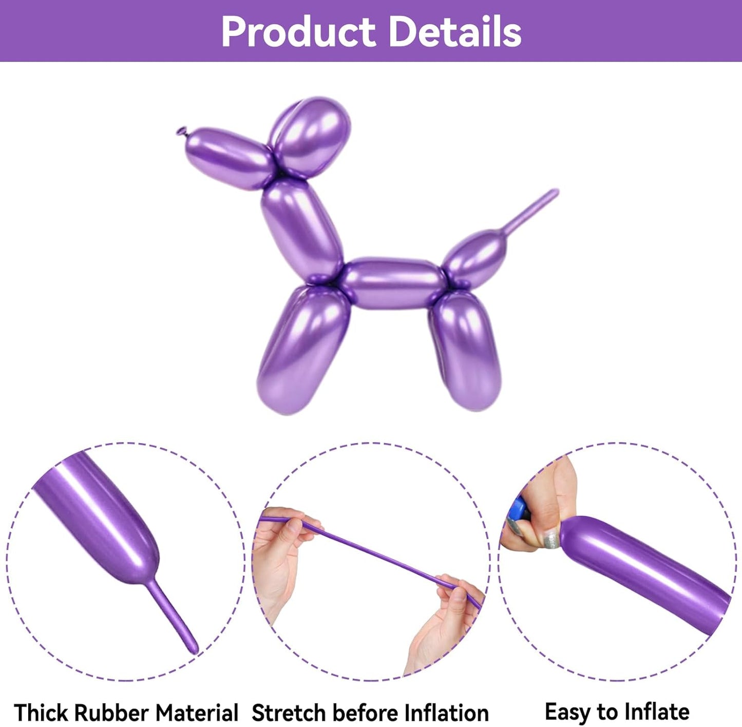 Metallic Pruple 260 Balloons Premium Long Twisting Animals Magic Balloons for Birthday Kids Wedding Party Supply 100pcs