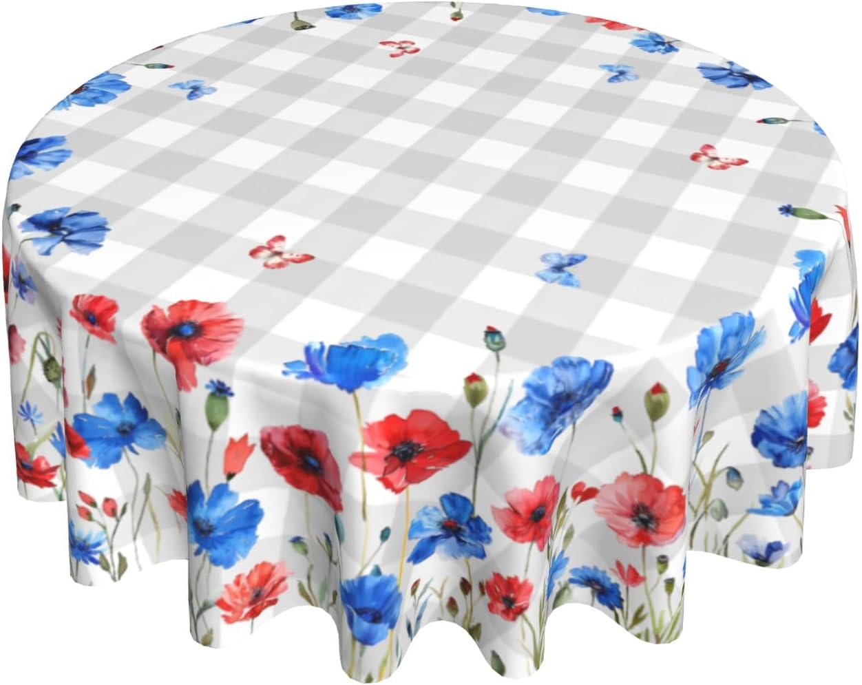 Giwawa Red Blue Floral Tablecloth Round 60Inch 4th of July Watercolor Poppy Flowers Table Cover with Gray Buffalo Plaids Patriotic Heat Resistant Table Cloth for Kitchen Dining Holiday Tabletop Decor