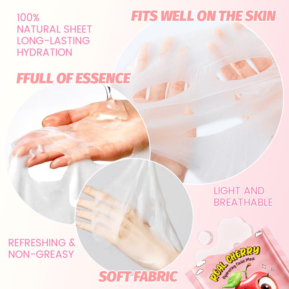 Kaely 10 Pack Cherry Face Masks for Kids, Kids Face Mask Spa Day Kit Supplies, Spa Party Favors for Teens Girls Women, Sheet Facial Mask Skincare Gifts Set, Moisturize Soothe for All Skin Types, 06