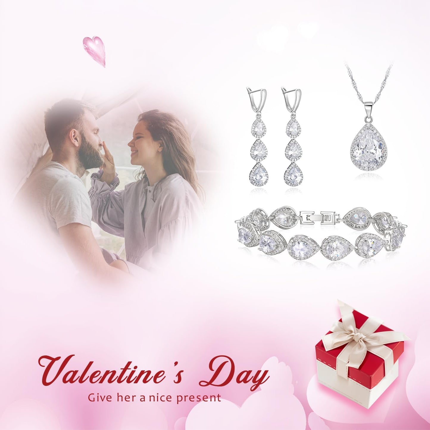 EleQueen Water Drop Pendant Necklace Long Dangle Earrings Tennis Bracelet Set, Sparkle Cubic Zirconia Teardrop Wedding Jewelry Sets for Bride Bridesmaid