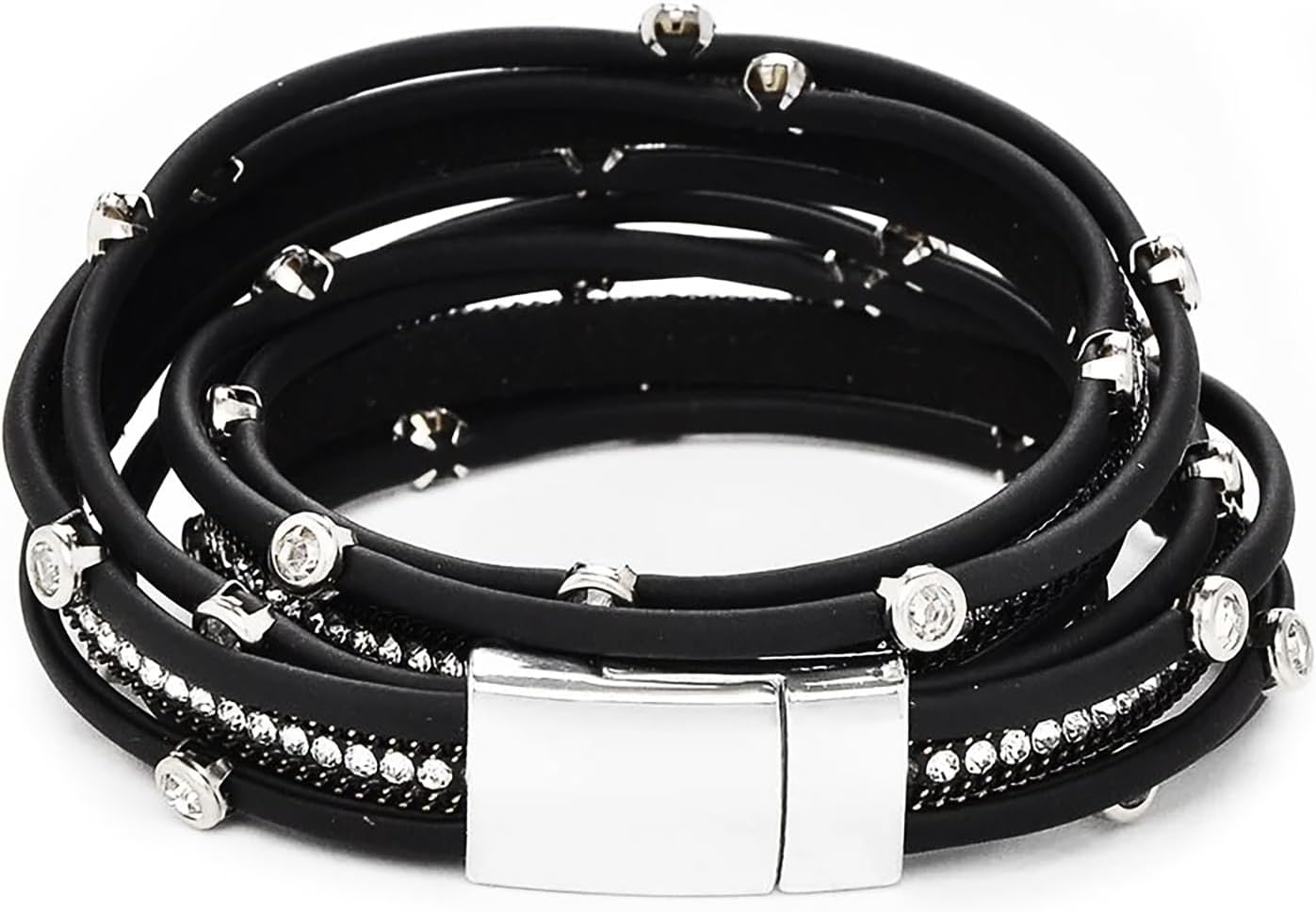 Fesciory Leopard Bracelet for Women, Boho Leather Wrap Multi-Layer Pearl Crystal Bracelet Bangle Jewelry