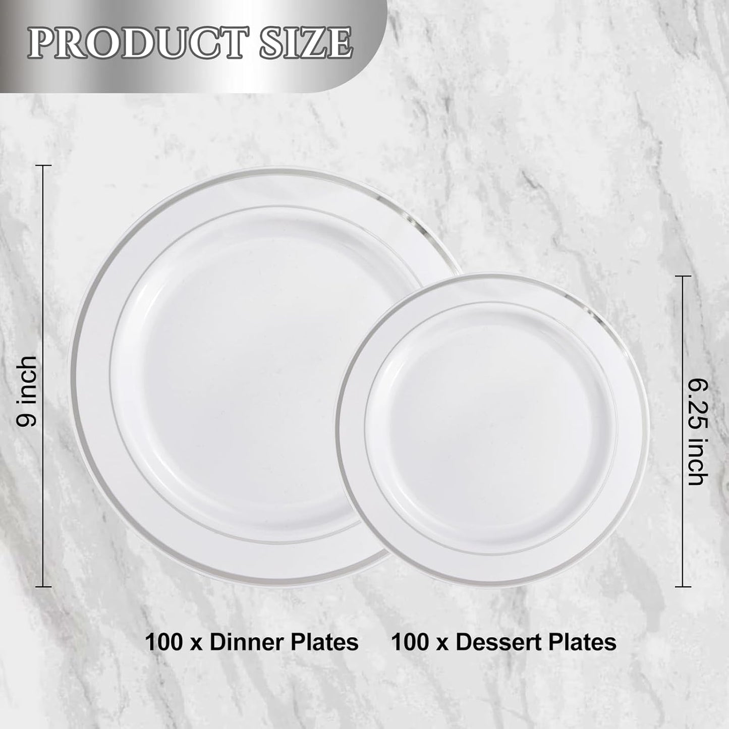 NOCCUR 200PCS Silver Plastic Plates Disposable for 100 Guests - Include 100 Dinner / 100 Dessert Plates Heavy Duty - Ideal for Party, Wedding, Christmas