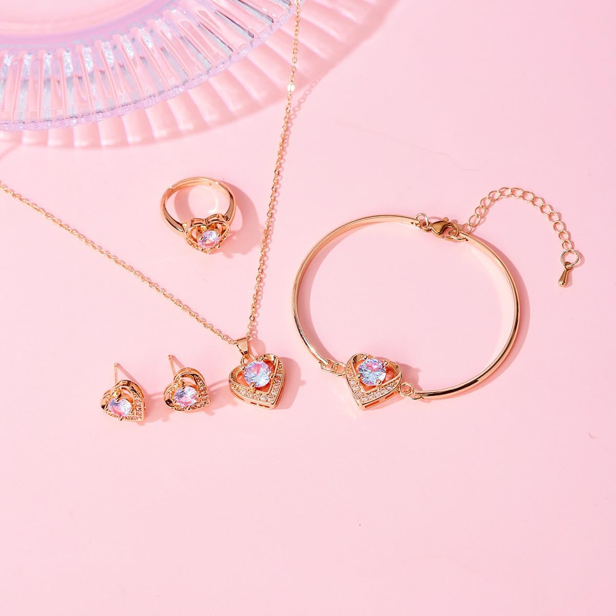 4pcs Cubic Zirconia Wedding Jewelry Sets for Bride Bridesmaid Cubic Zirconia Pendant Necklace Earrings Link Tennis Bracelet Open Ring Set for Women