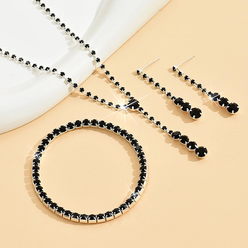 GIGB PBDK Dainty Silver Jewelry Set Crystal Rhinestone Pendant Necklace Bracelet Earrings Trendy Bridal Wedding Prom Dresses Costume Jewelry Sets for Women Wife