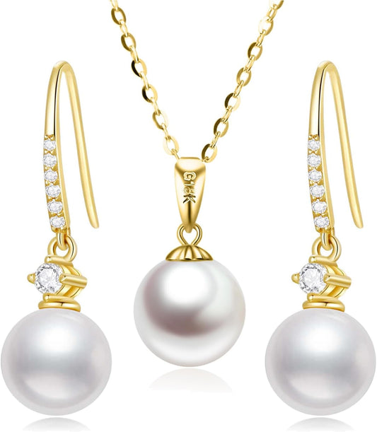 SISGEM 10K Gold Pearl Dangle Earrings and 14k Gold Pearl Pendant Necklace Set, Jewelry for Women