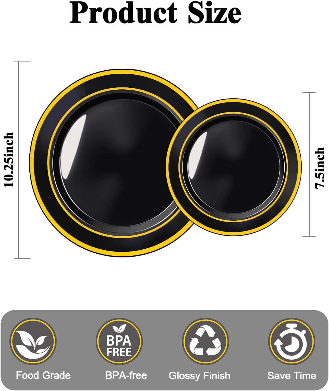 200PCS Black Plastic Plates Set with Gold Rim, 100 10.25 inch Dinner Plates and 100 7.5 inch Dessert Plates, Premium Disposable Plates forfor Party, Wedding, Holiday,And Halloween