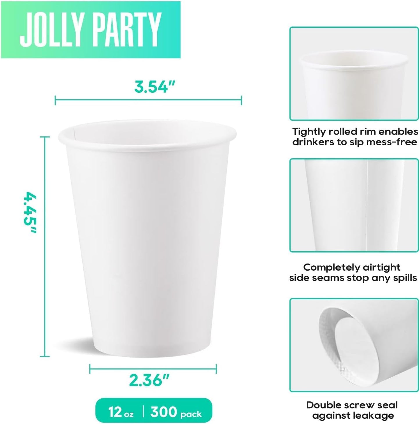 JOLLY PARTY 300 Pack 12 oz Disposable Paper Coffee Cup, Hot/Cold Beverage Drinking Cups for Water, Paper Coffee Cups, White Hot Coffee Cups