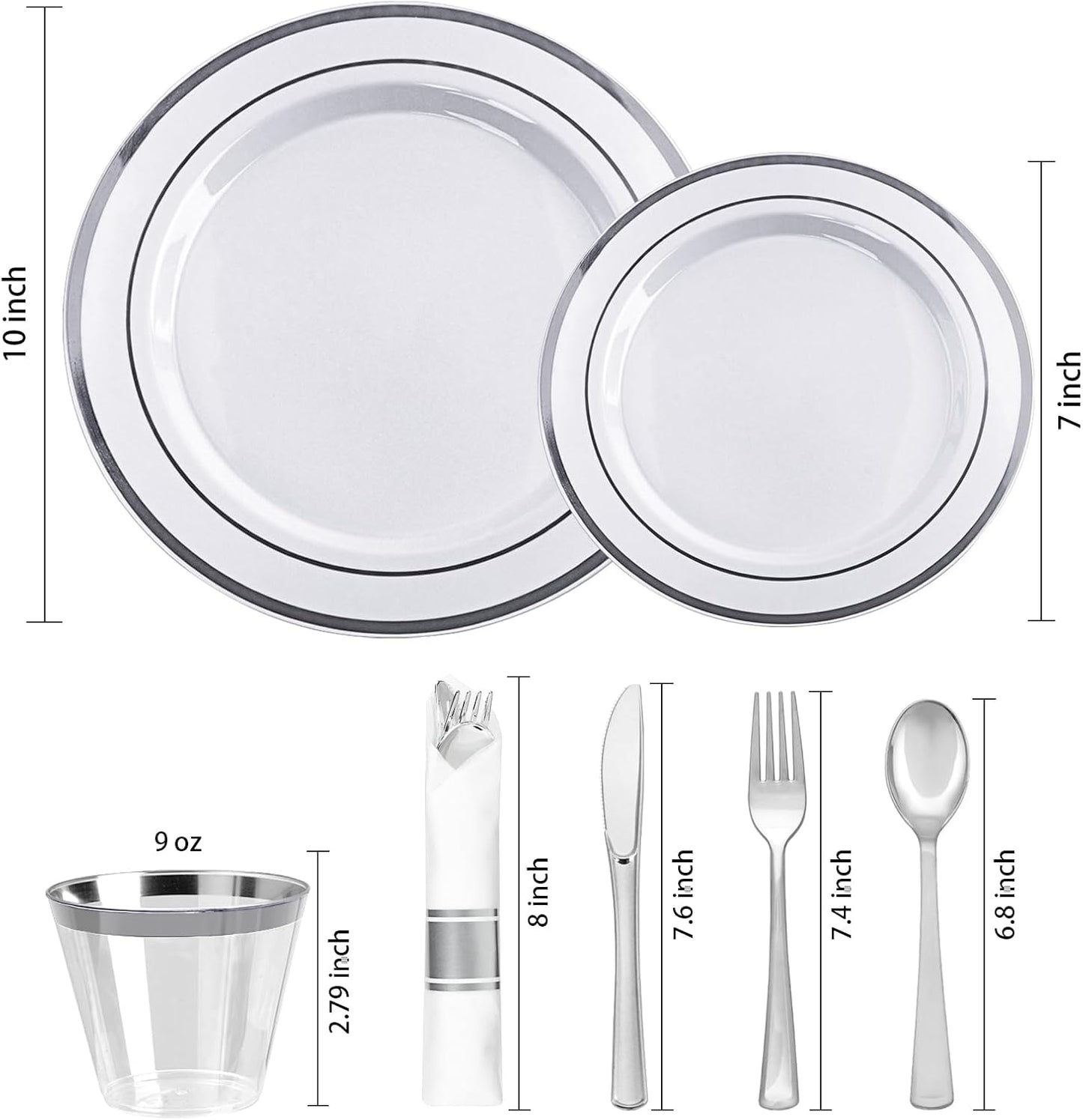 350 PCS White and Silver Plastic Dinnerware Set for 50 Guests, 100 Disposable Plates for Party, 50 Pre Rolled Napkins with Silver Silverware, 50 Cups