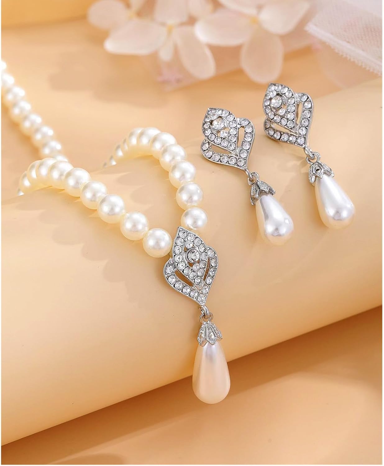 la luen Pearl Bride Wedding Jewelry Set Faux Pearls Crystal Rhinestone Necklace Earrings Bracelet Sets for Women Bridesmaid(3 PCS)