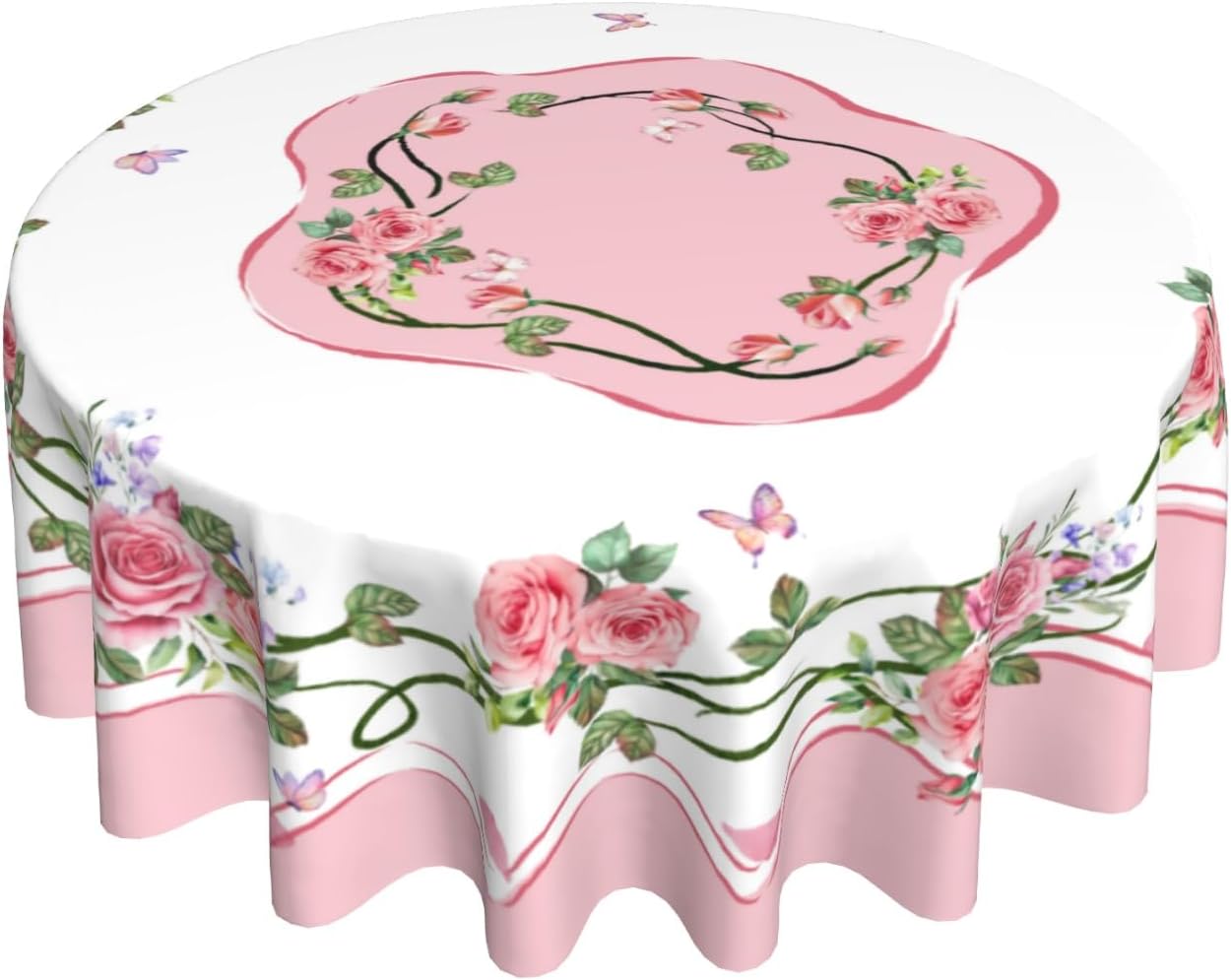 Giwawa Rose Flower Round Tablecloth 60Inch Valentines Day Pink Floral Butterflies Table Cover Romantic Spring Kitchen Dining Polyester Stain Resistant Table Cloth for Holiday Party Picnic Decor