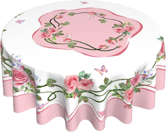 Giwawa Rose Flower Round Tablecloth 60Inch Valentines Day Pink Floral Butterflies Table Cover Romantic Spring Kitchen Dining Polyester Stain Resistant Table Cloth for Holiday Party Picnic Decor