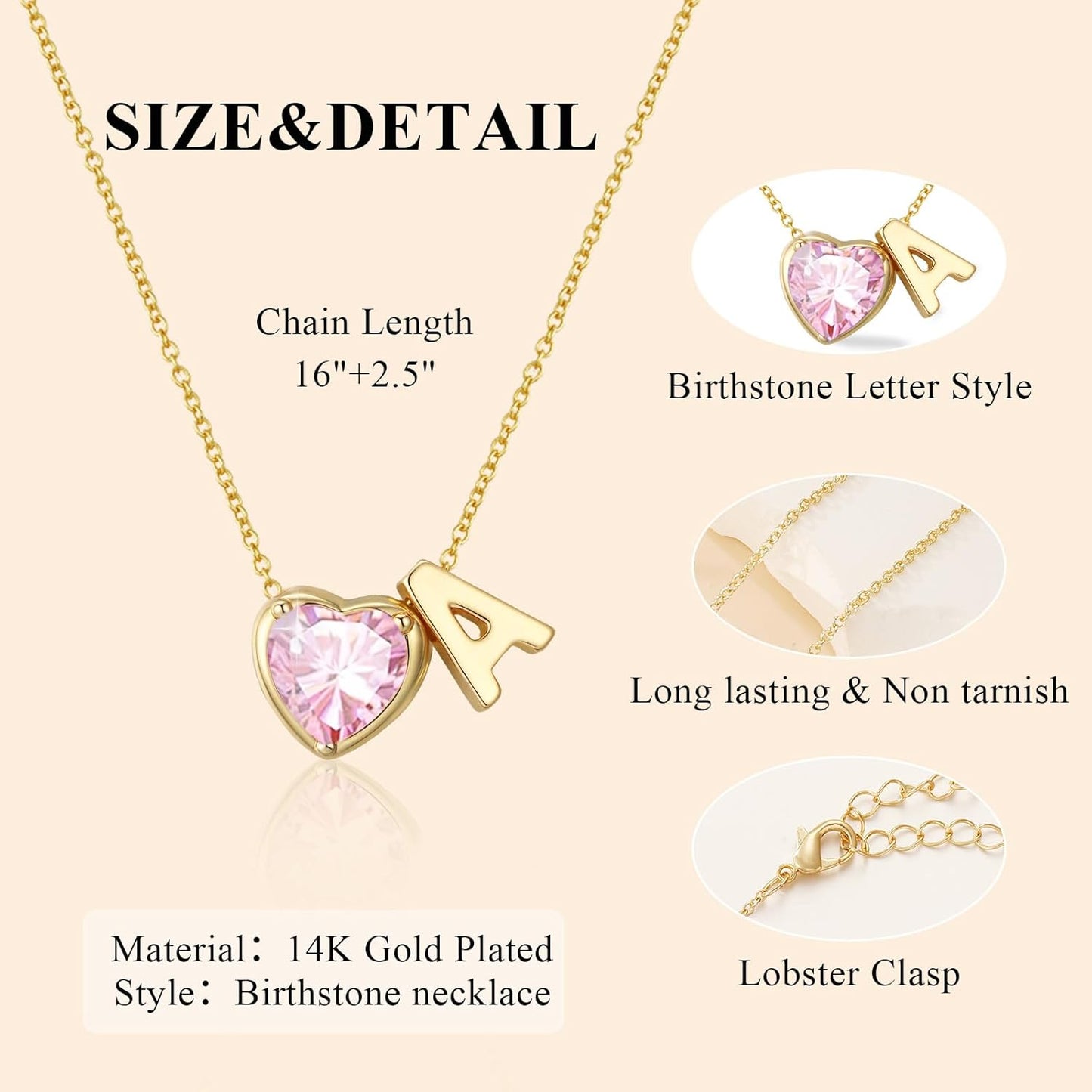 Heart Birthstone Initial Necklace for Women Girls,14K Gold Plated Heart Letter A-Z Necklace Dainty Birthday Trendy Jewelry Gifts for Women Girls Daughter