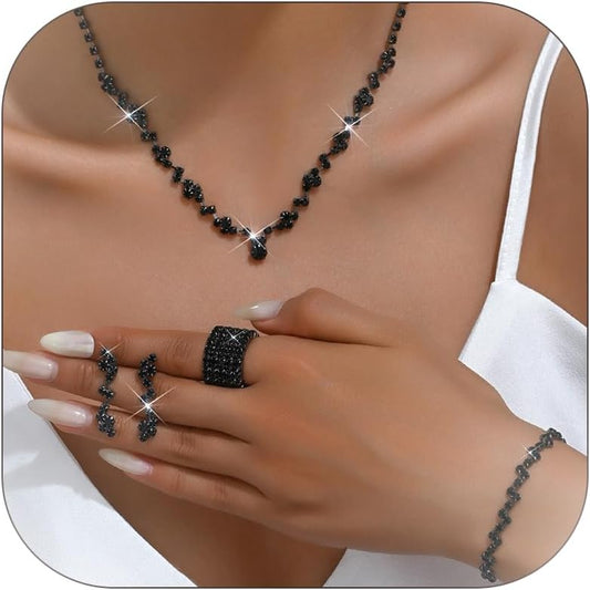 Wedding Jewelry Sets for Brides Rhinestone Necklace and Earring Set Bracelet Ring Gold Silver Prom Jewelry Sets Diamond Flower Teardrop Necklace for Women