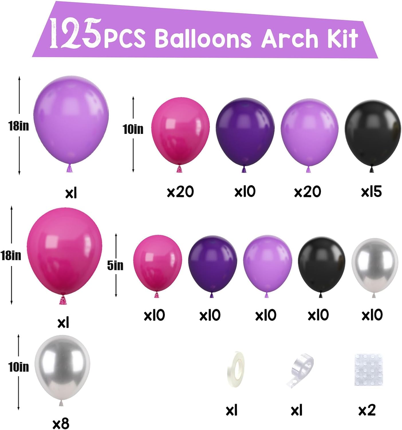 Paready Hot Pink and Purple Balloon Arch Kit, 125Pcs Purple Black Balloon Garland Kit Dark Purple Metallic Silver Party Balloons Purple Hot Pink Balloons for Kids Birthday Party Baby Shower Wedding