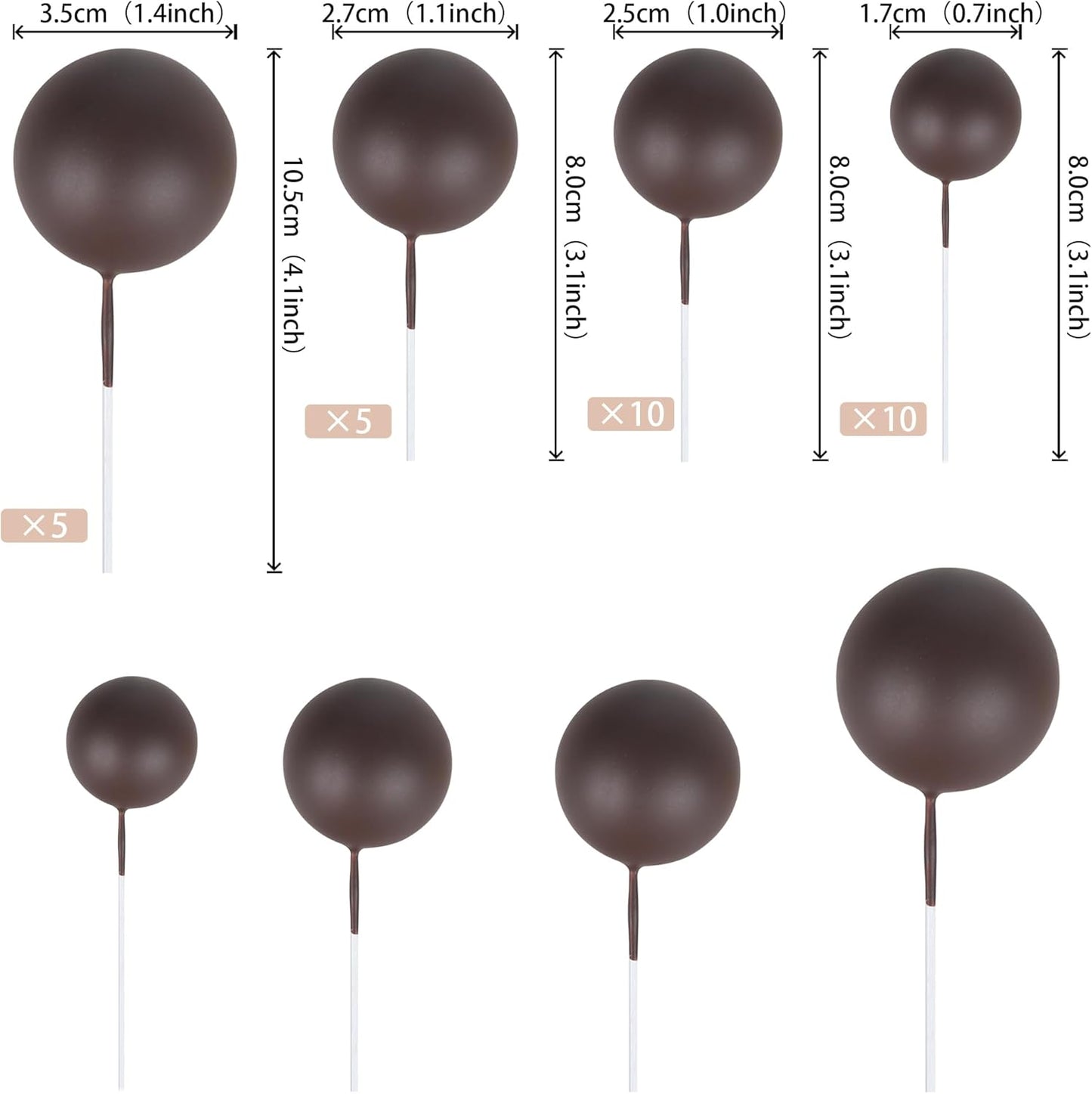 Rsstarxi 30 PCS Mini Balloons Cake Toppers - Foam Balls Insert Decorations for Baby Shower, Wedding Anniversary, Kids Birthday Party - Coffee