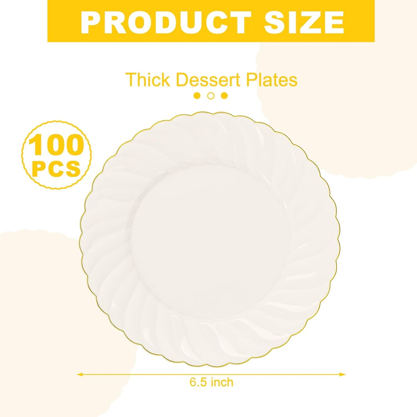 YOUBET 100 Pack Ivory Scalloped Plastic Plates - 6.5 Inch Gold Disposable Plates with Gold Rim - High End Elegant Vintage Dessert Salad Plate for Birthday Parties & Wedding Thanksgiving