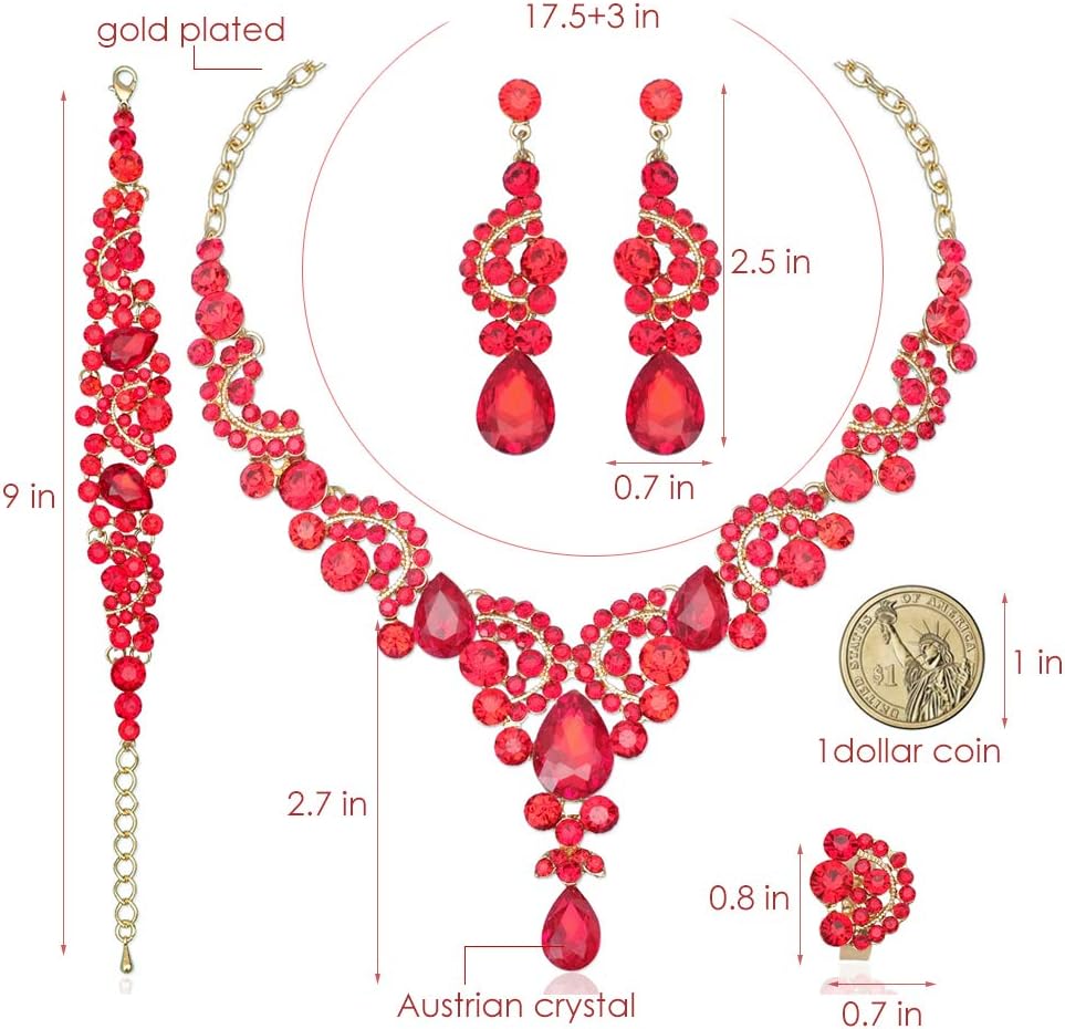 CSY Elegant Crystal Necklace Earrings Bracelet Ring Bridal Wedding Party Costume Jewelry Sets for Brides Women