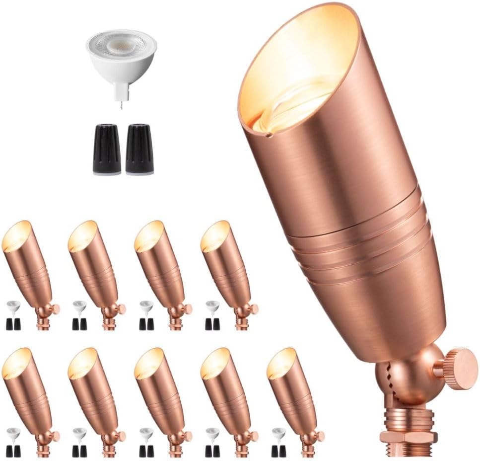 Gardenreet Low Voltage Spotlight LED - 12V Copper Outdoor Light Fixture Weather Proof, Brass Landscape Lights Hardwired for Flag Sign with Neutral White MR16 Removable Bulbs (10 Pack)