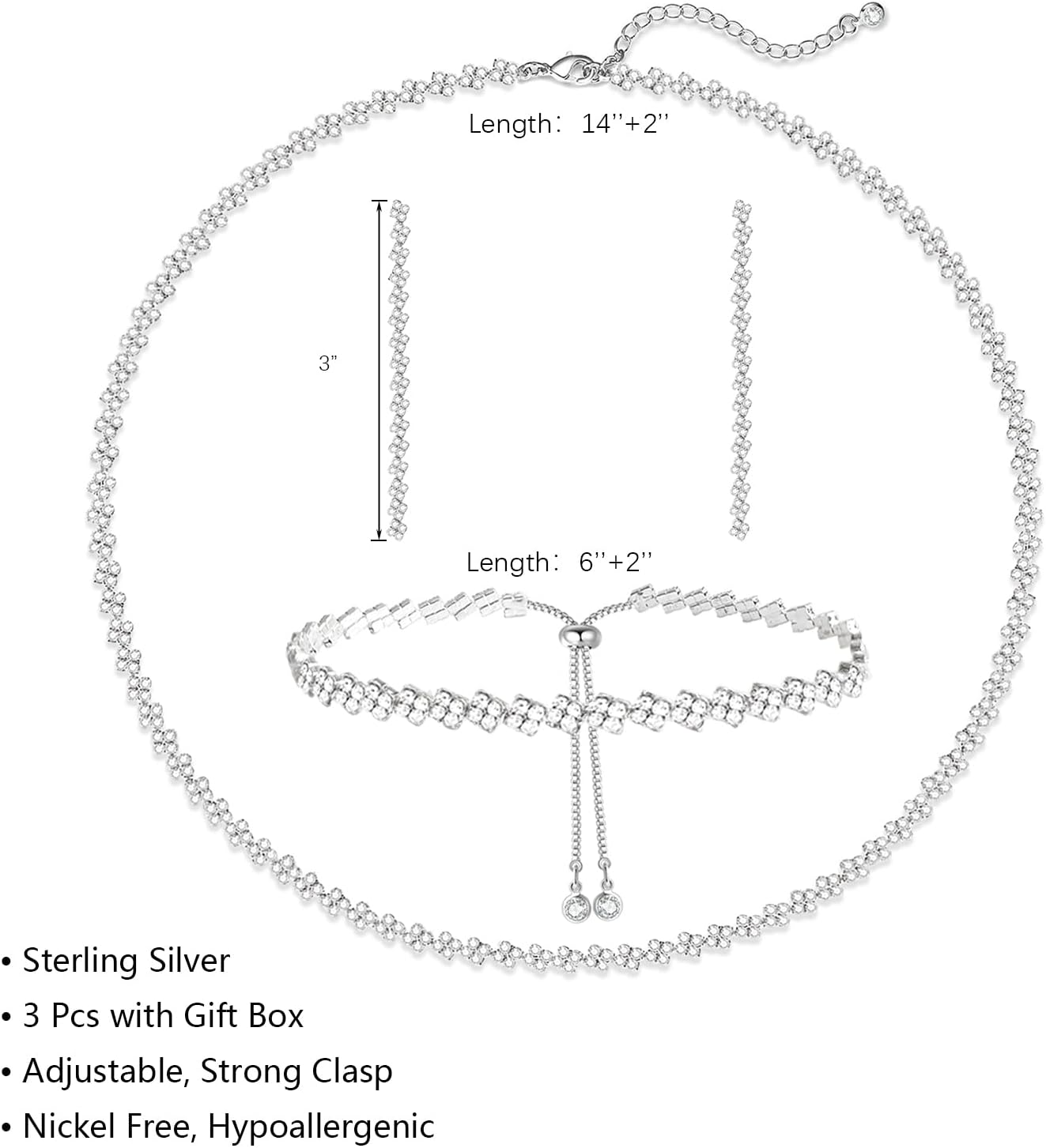 Tennis Necklace Bracelet for Women, Sterling Sliver, Dainty Chocker Necklace, Crystal Bracelet for Women, Wedding Jewelry for Bride, Sparkly Party Prom Hypoallergenic