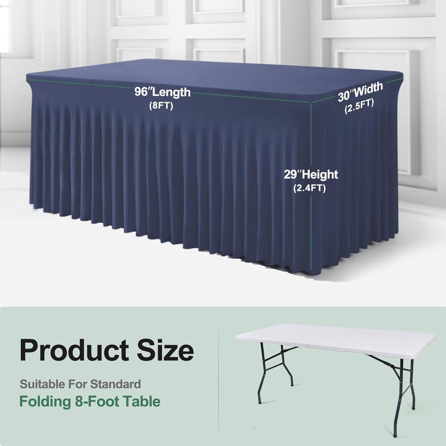 Table Skirts for Rectangle Tables 8ft - One-Piece Navy Blue Tablecloths and Skirt, Wrinkle Resistant Ruffles Elastic Cover for Banquets, Weddings, Events, Parties