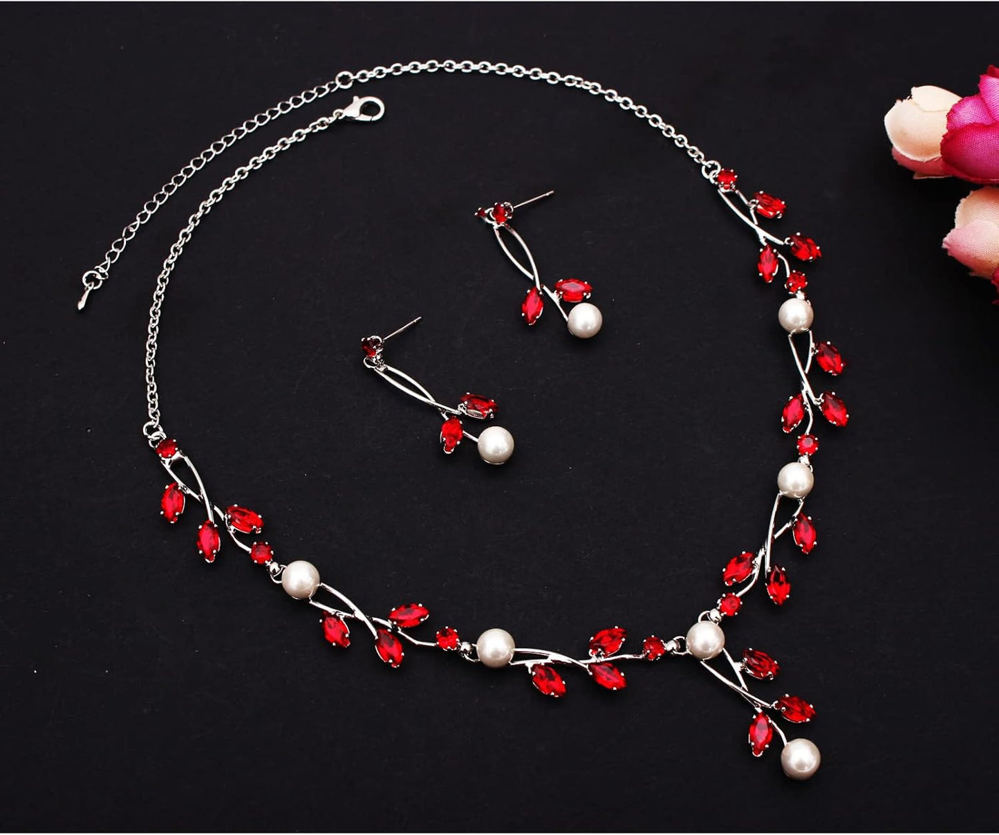 Luxury Cubic Zirconia Aurtrian Crystal Pearl Floral Necklace Dangle Earrings Wedding Bridal Jewelry Set Birthday Gifts for Her