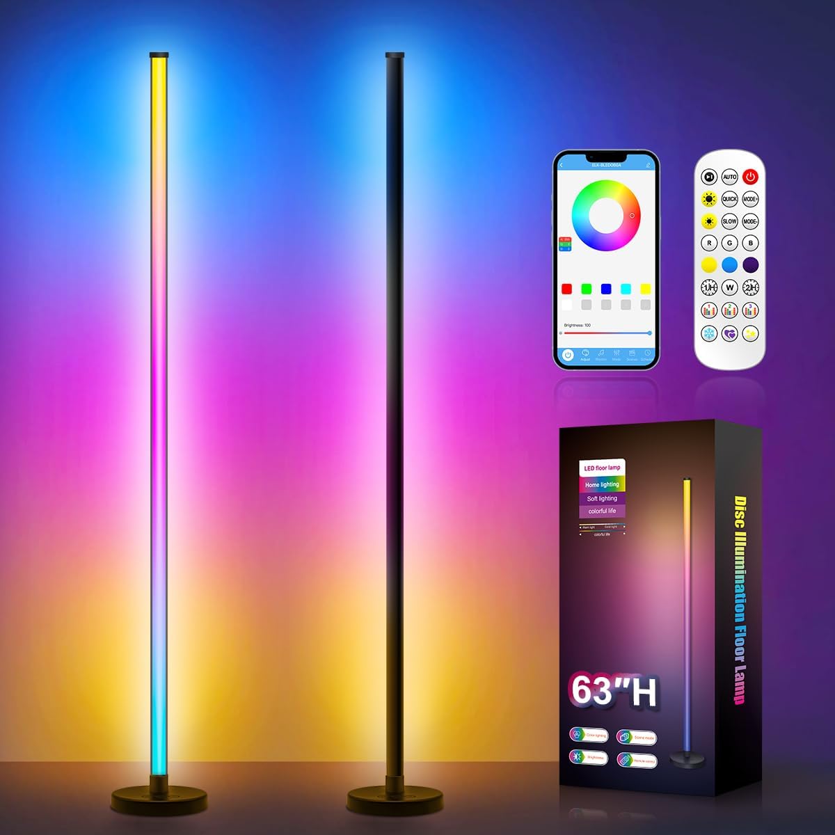 LED Floor Lamp, 63-Inch RGB Corner Light with Music Sync, Smart App Control, 16 Million Colors, Remote Control for Living Room, Bedroom, Gaming Room (2 Pack)