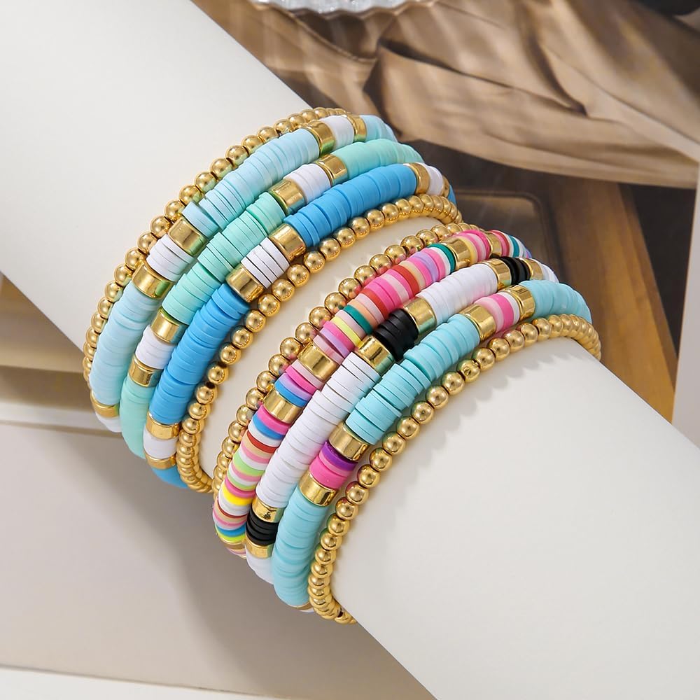 Friendship Bracelets for Women - Heishi Surfer Colorful Smile Evil Eye Clay Beaded Stretch Bracelets Elastic Layering - Stackable Boho Disc Y2K Aesthetic Summer Jewelry Set.