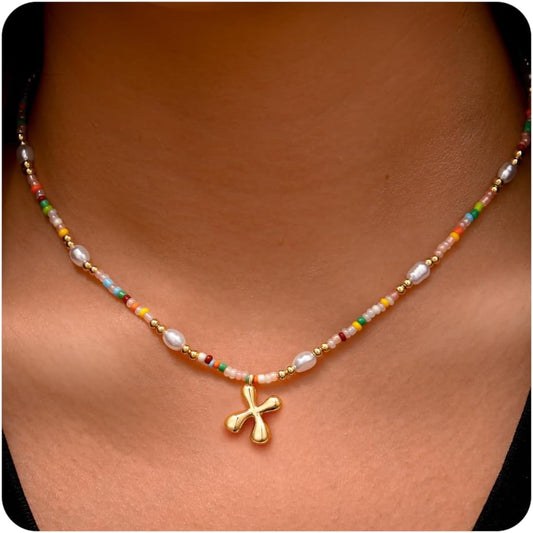 Ritach Initial Necklaces for Women Girls - Christmas Gifts for Grandkids Light Colorful Beaded Pearl Initial Necklace Gold/Silver Bubble Pendant Letter Necklace Stocking Stuffers for Teen Girls Women