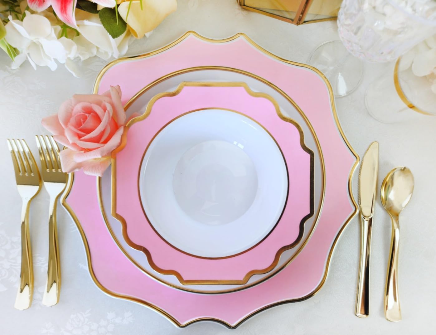 " OCCASIONS " 80 Plates Pack,(40 Guests) Heavyweight Premium Wedding Party Disposable Plastic Plates Set -40 x 10.5'' Dinner + 40 x 8'' Salad/Dessert(Imperial in Light Pink & Gold)