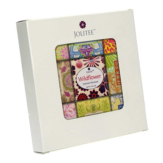 Jolitee French Milled Botanical Soap Sampler Set of 9 - Individually Wrapped Vegetable-Based Mini Soaps with Essential Oils, Shea Butter, and Natural Extracts (Floral Favorites - White Box)