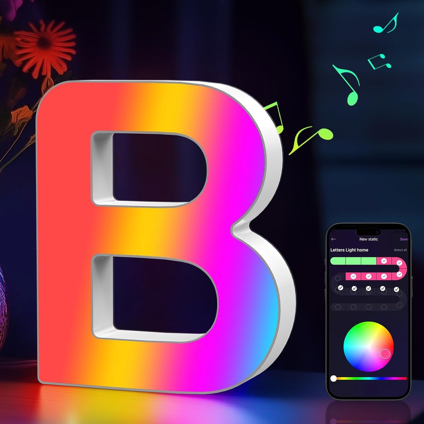 Light Up Marquee Letter - Music Sync RGB Color Changing LED Lights Logo Game Lights for Girls Women Party Birthday Christmas Valentine's Day Wall Desktop Decoration (MRGB-B)