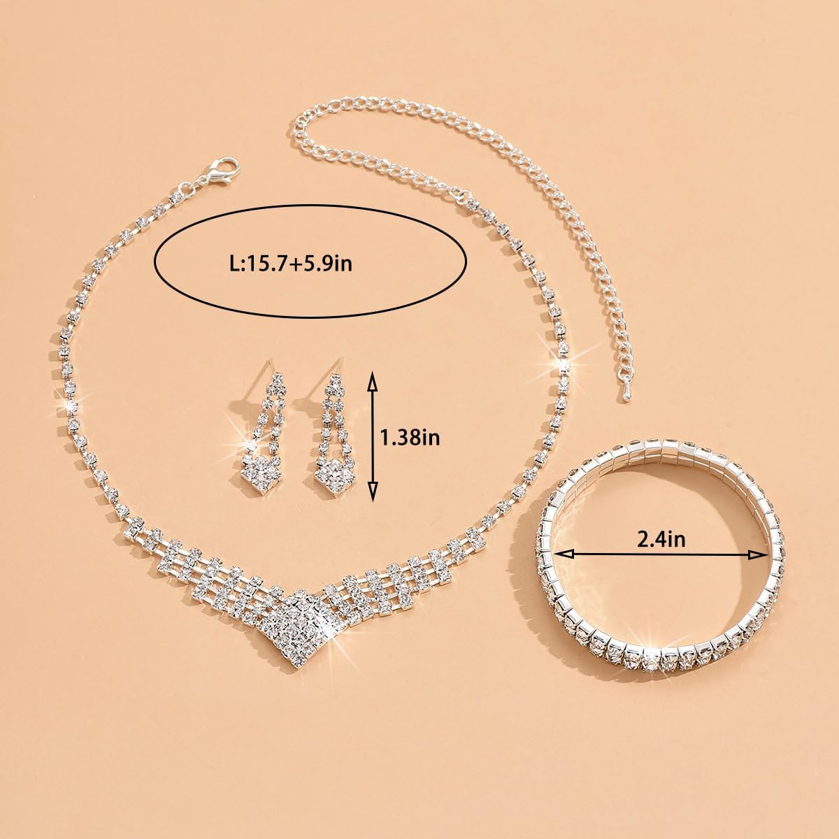 Prom Earrings Necklace Bracelet Set Elegant Crystal Rhinestone Necklace Earrings Bracelet Bridal Wedding Prom Dresses Costume Outfit Gold Jewelry Sets for Women