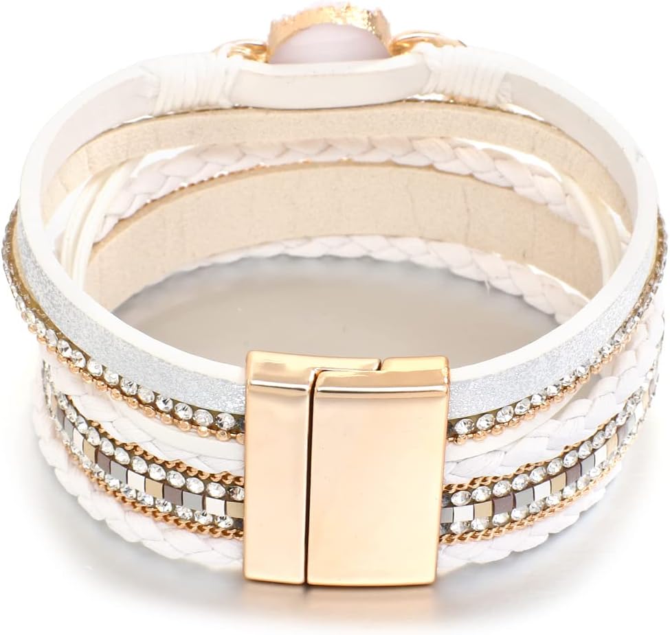 Leather Wrap Bracelet for Women Beaded Cuff Bracelet with Heart-shape Decor Bohemian Crystal Bracelet Jewelry with Clasp Bangle Bracelet for Women Girls Birthday Holiday Gift