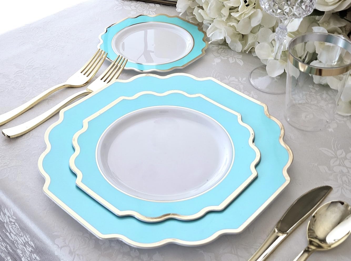 " OCCASIONS " 80 Plates Pack,(40 Guests) Heavyweight Premium Wedding Party Disposable Plastic Plates Set -40 x 10.5'' Dinner + 40 x 8'' Salad/Dessert (Imperial Aqua & Silver)