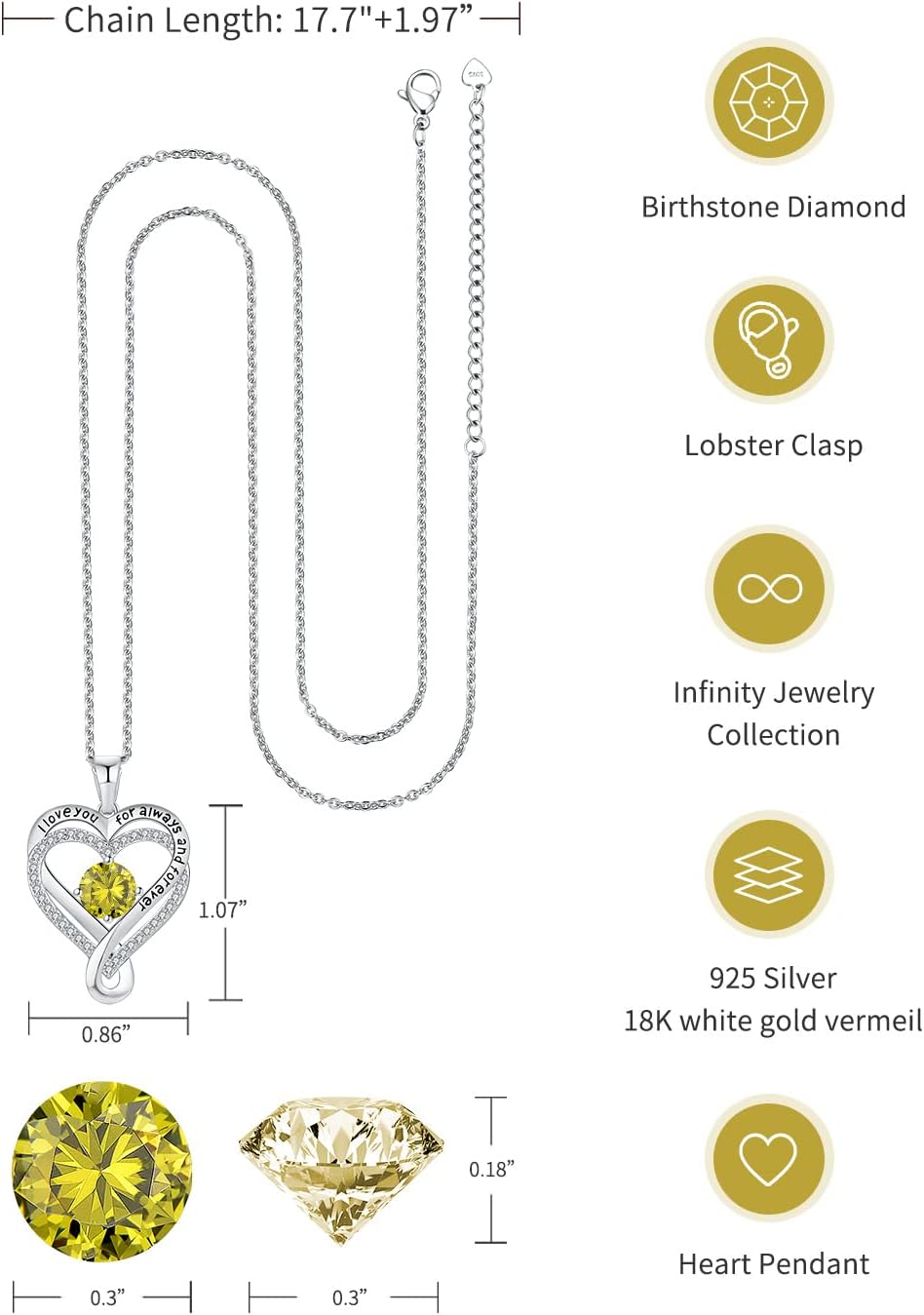 Jewelry for Women Wife Infinity Heart Birthstone I Love You Necklace S925 Anniversary Women Necklaces for Her Wife Birthday Gift Ideas, Birthday Present for Girlfriend Mom Daughter Sterling Silver