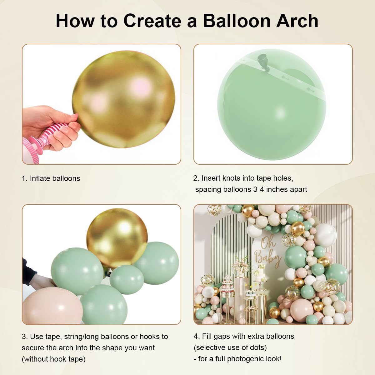 Pastel Green Pink White Gold Balloon Arch Kit, 147PCS Fog Green Light Pink White Sand Gold Metallic and Confetti Balloons Garland for Baby Shower Gender Reveal Wedding Party Decoration