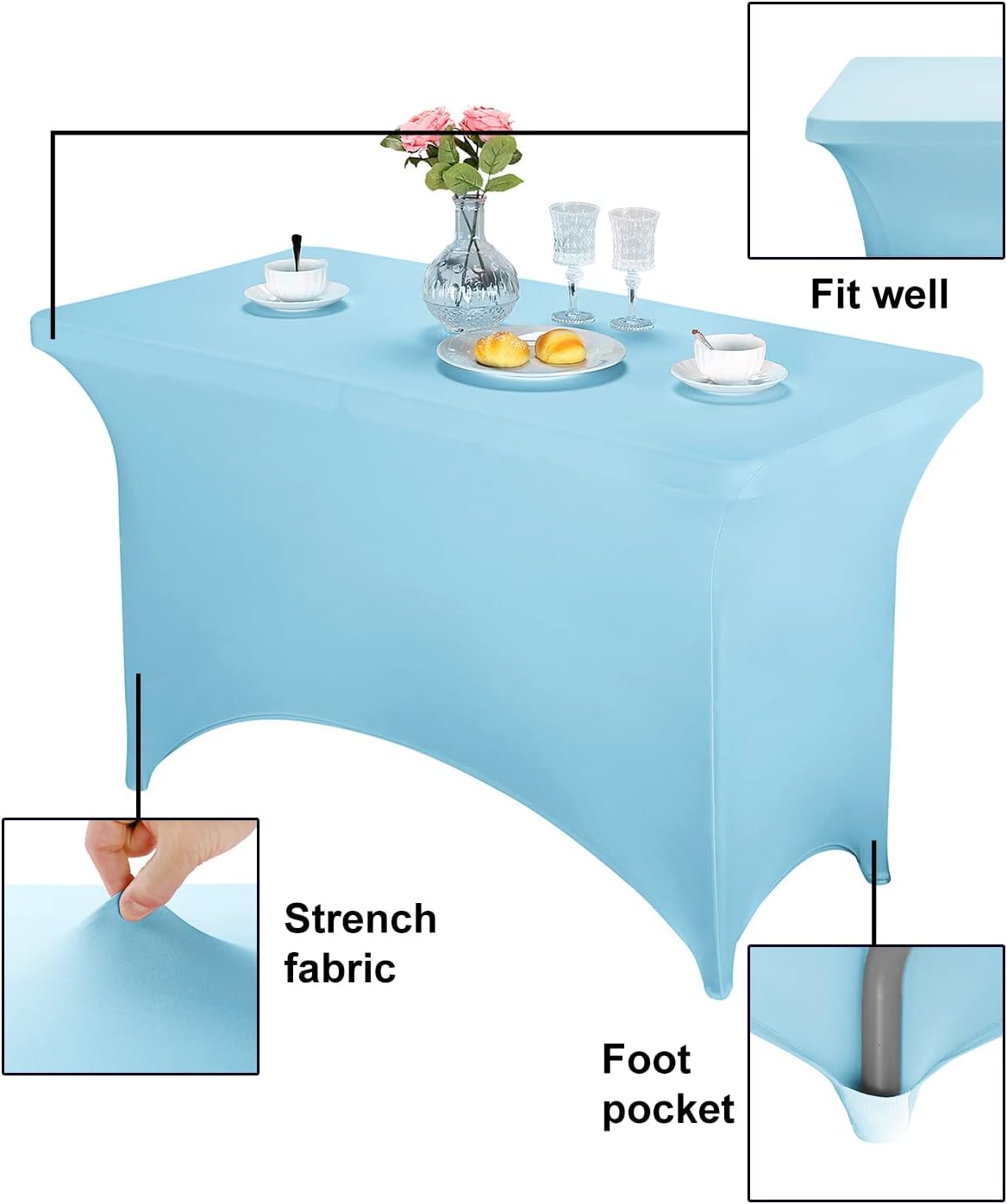 FORLIFE Spandex Table Covers，Fitted Tablecloth for Rectangular Tables, Stretch Patio Table Covers, Universal Spandex Table Cover for Wedding, Banquet, Party (4ft, Blue Mist)