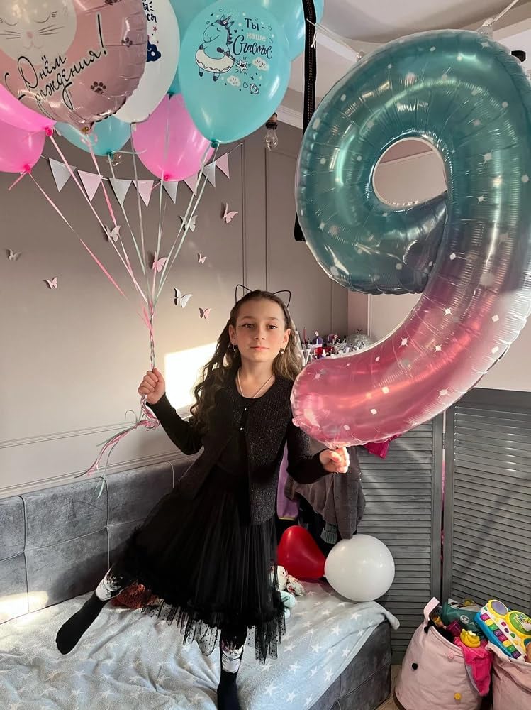 Starry Sky 9 Balloon, Number Balloons 40 Inch, 9th Giant Birthday Decorations for Girls, 19th 29th Party Decorations Supplies, Number 9 Balloon